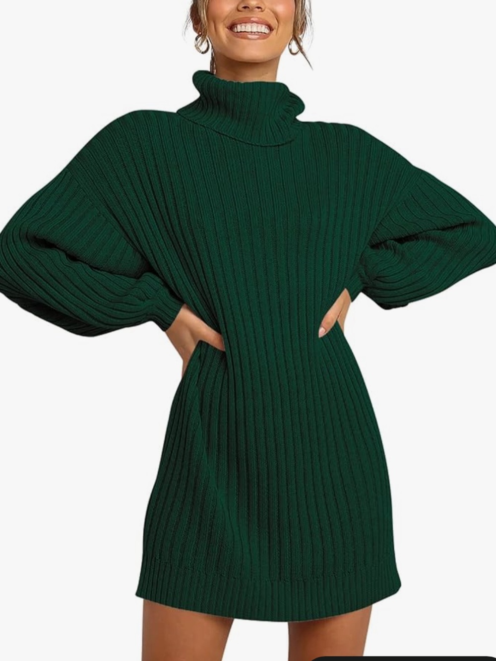 Turtleneck Ribbed Sweater Dress - Dark Green